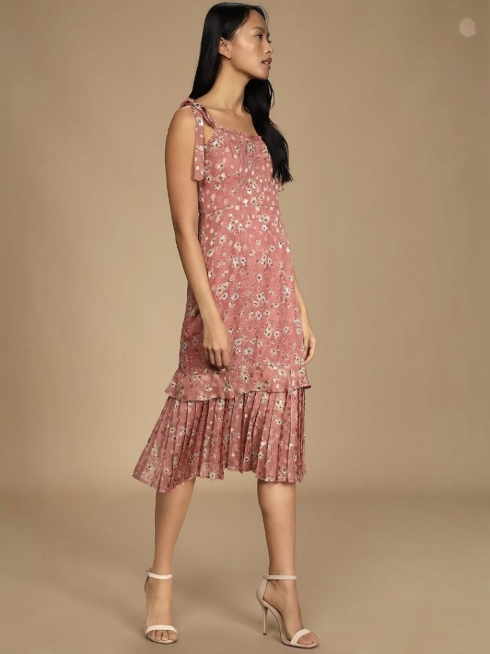 NWT Lulus Terrace Views Mauve Pink Floral Print Tiered Midi Dress (size S) - Picture 3 of 9